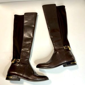 Michael Kors Brown Tall Boots Gold Hardware Stretch Stretchy Size 7.5 Leather
